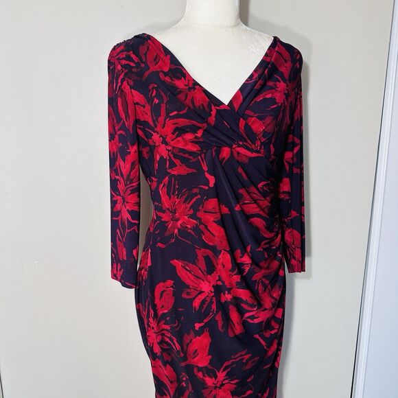 RALPH LAUREN Women's Faux Wrap Floral Sheath Dress Size 10 Red ]Stretch - Picture 9 of 14